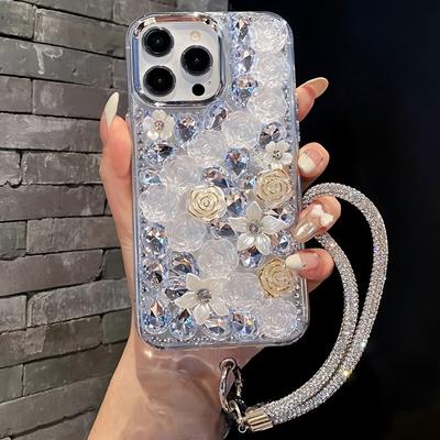 Glitter Crystal Rhinestone Floral Phone Case For Samsung Galaxy A57 A37 A56 A36 A26 A55 A35 A25 A54 A34 A24 A52 A72 4G 5G Wrist Strap Gift Girl