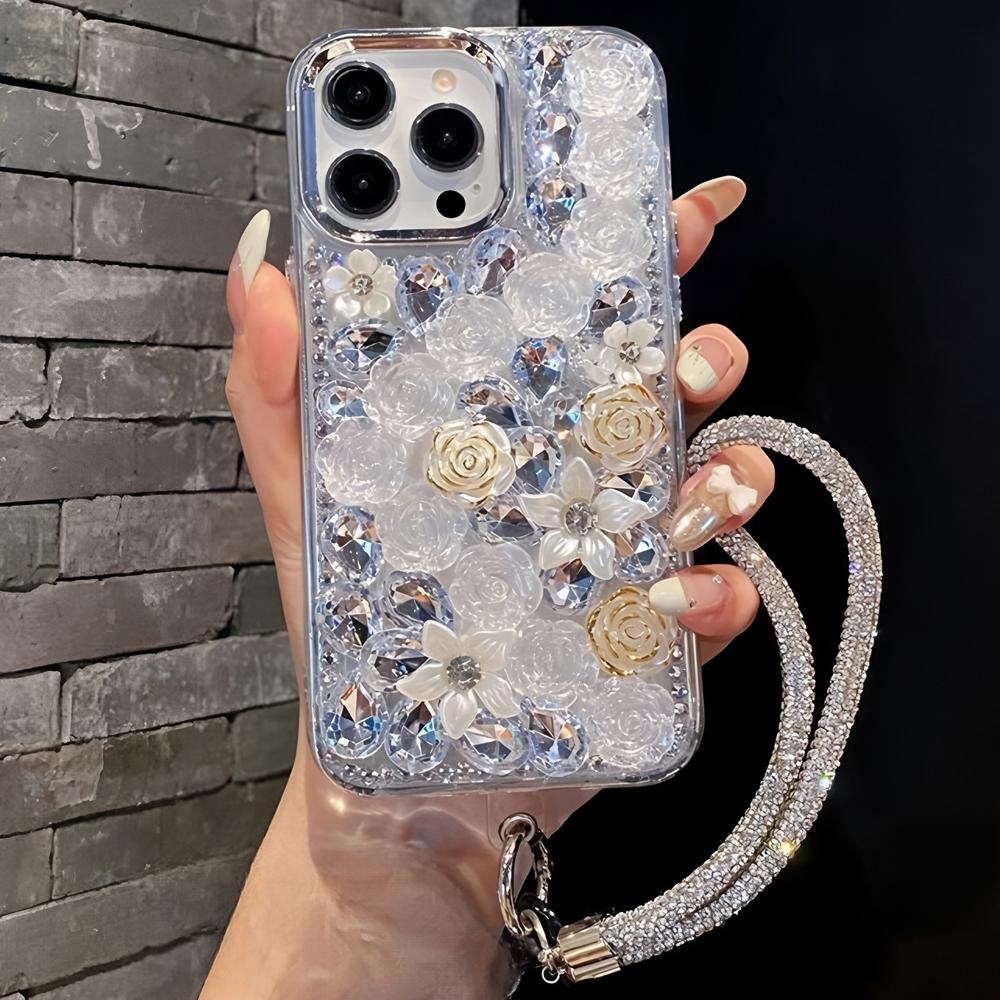 

Glitter Crystal Rhinestone Floral Phone Case For Motorola Moto G82 G52 G22 G32 G73 G13 G23 G53 G10 G30 E15 S50 5G Wrist Strap Gift girl Motorola Moto E15 белый