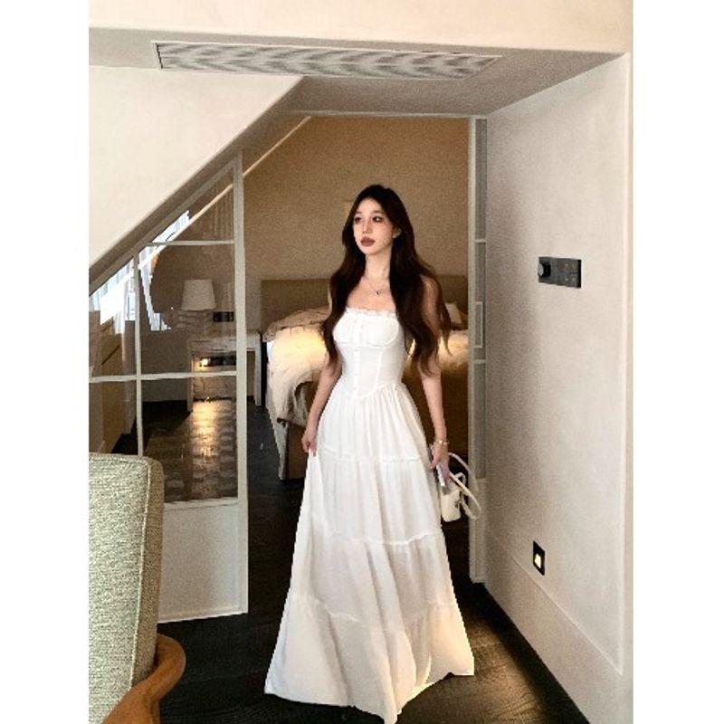 Kumikumi French Style Gentle Wind Lace Stitching Sling Dress Women Summer Waist Hugging Slimming A- Line Skirt Long Dress