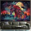 Bohemian Horse Tapestry,Colorful Tribal Print with Feathers,Moon Starry Night Sky,Vibrant Wall Hanging for Bedroom, Hippie Decor