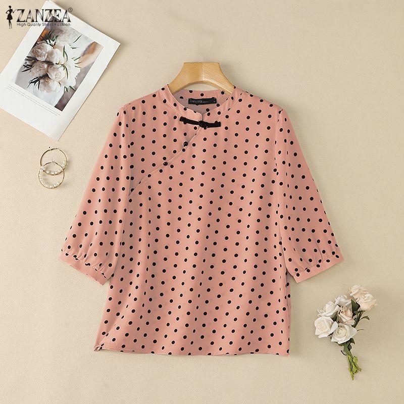 ZANZEA Women Casual Stand Collar Loose Half Sleeve Polka Dot Print Blouse