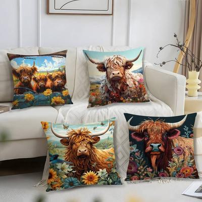 Vibrant Highland Cow Pattern Pillow Case Short Plush Print Cushion Cover Square Throw Pillow Covers Sofa Home Decor