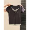 Small Front Shoulder Slim-fitting Spice Girl Top Summer New U-neck Fake Two Short-sleeved Niche Thin T-shirt Women