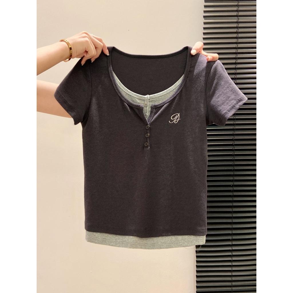 Small Front Shoulder Slim-fitting Spice Girl Top Summer New U-neck Fake Two Short-sleeved Niche Thin T-shirt Women