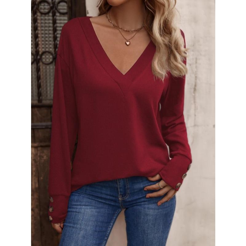 Blusas y Camisas Casuales de Moda para Mujer JPNTKY Estampado de Color Sólido Manga Larga Cuello en V