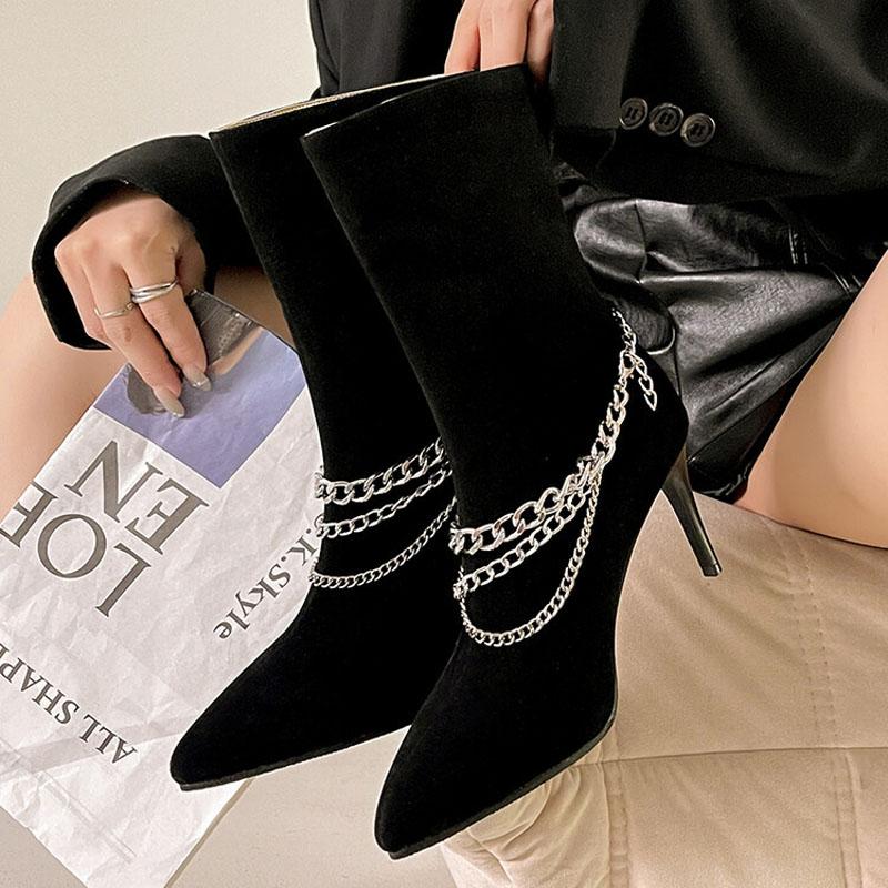 Autumn Stiletto High Heels Women's Ankle Boots Metal Chain Design Suede Pointed Toe Women Sexy Shoes Black Apricot Pumps WSH4714