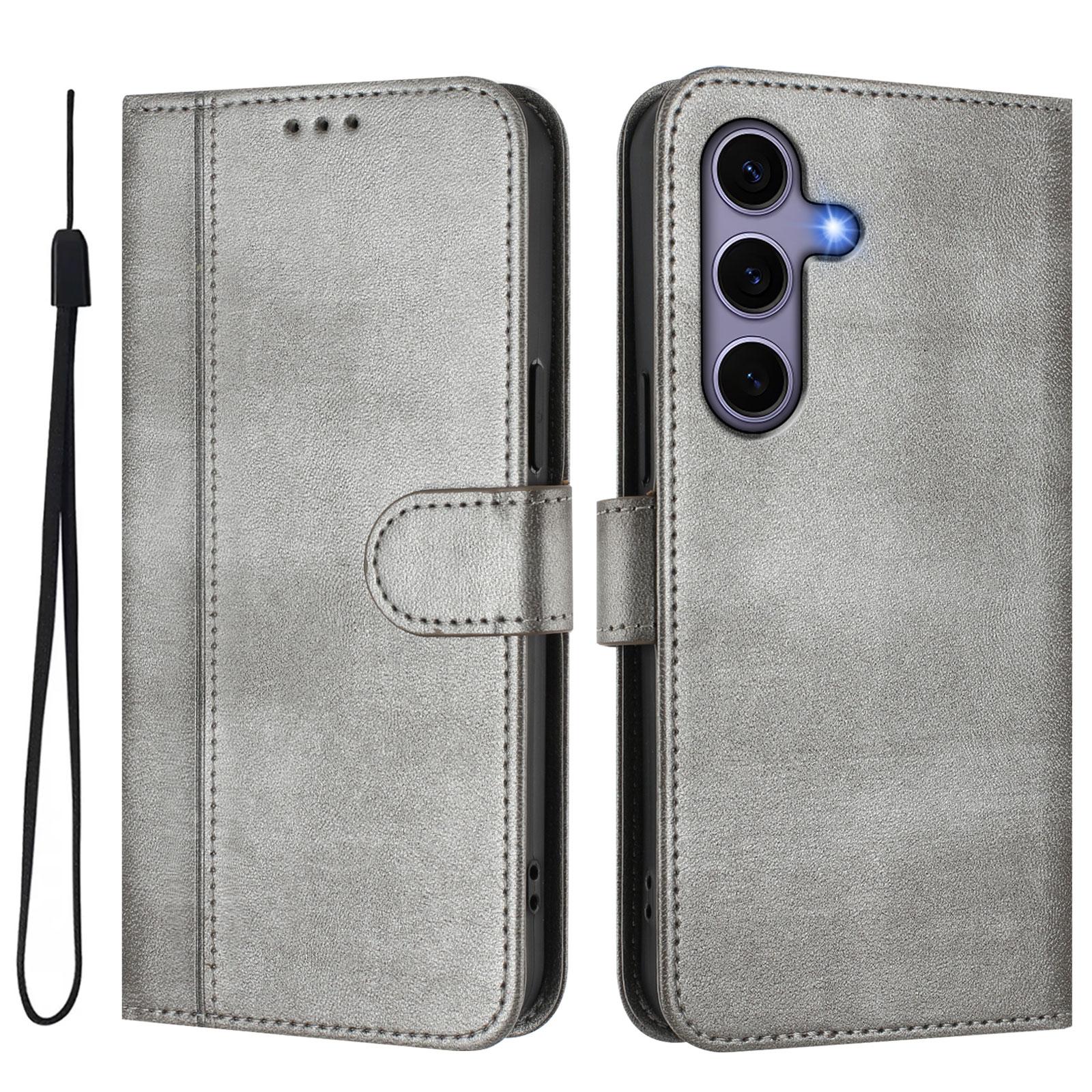 

For Samsung Galaxy S25 Cases Wallet Stand Retro Texture Leather Phone Cover with Lanyard Grey