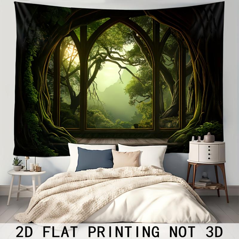 VIKAMA Forest Tree Window Secret Realm Tapestry Wall Hanging Used For Bedroom Live Stream  Accent Cloth Home Decoration