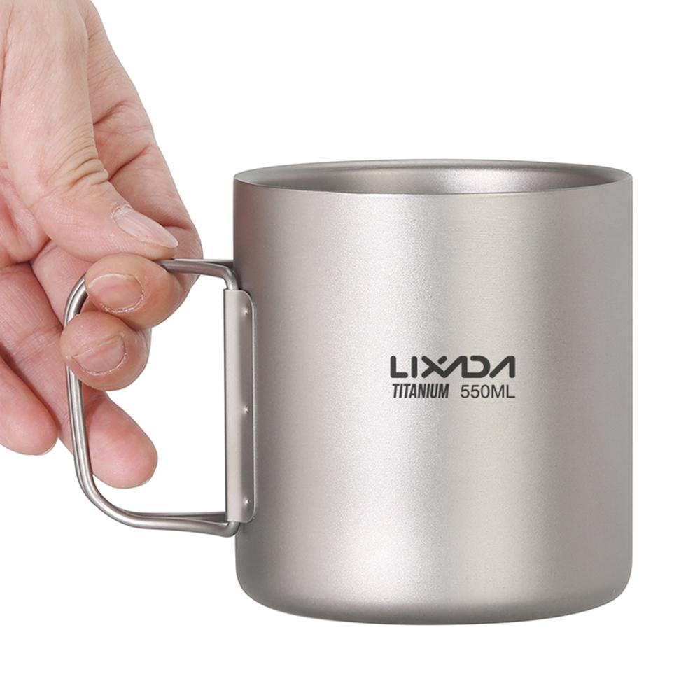 Lixada 550ml Titanový hrnek s dvojitou stěnou na vodu, čaj, kávu pro domov, kancelář, kempování v přírodě