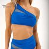 2Pcs/Set Sexy Women Bikini Set One-Shoulder Mesh Patchwork Bra High Cut Pleated Briefs Set Quick Drying Stretchy Push Up Swimsuit