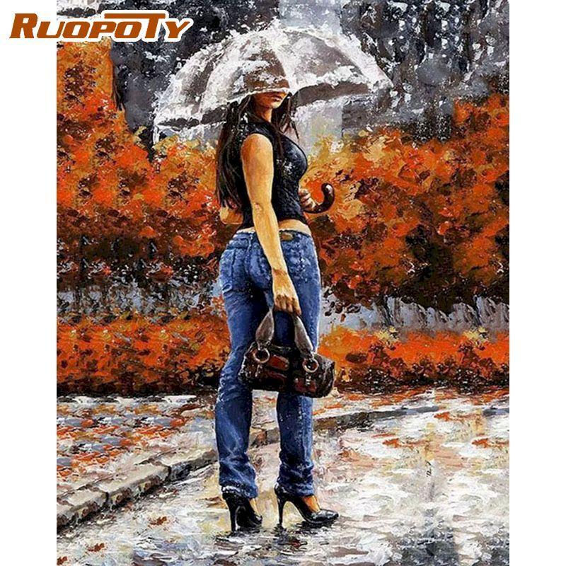 RUOPOTY Liebhaber unter Regenschirm Malen nach Zahlen Kits für Erwachsene, DIY Ölfarbe, Figurenmalerei auf Leinwand, Acrylfarbe für Heimdekoration