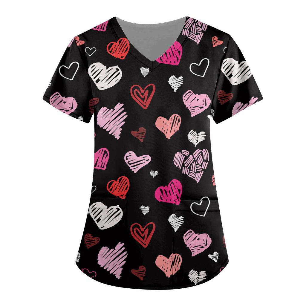 Women's Fashion Print Short-Sleeved V-Neck Tops Nurses' Uniforms
