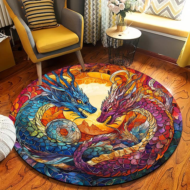 Double Dragon Colorful Style Flannel-printed Round Floor Mats Are Slip-resistant Suitable for Living Room Terrace Garden Carpets