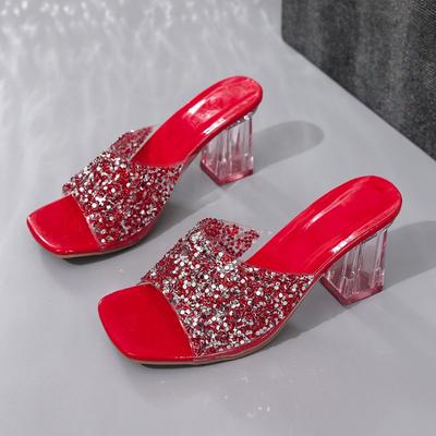 Fashion Square Slippers Summer New Square Head Open Toe Glitter Set Foot Anti-slip Wear-resistant High-heeled Sandals