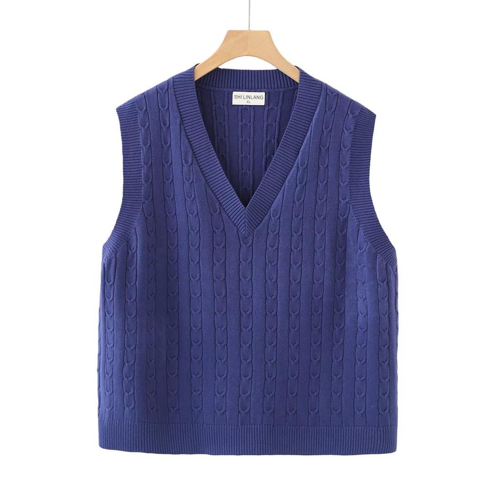 2026 Spring Korean V-neck Cable Knit Vest: Women's Plus Size Sleeveless College Style Layering Tank Top Shrug