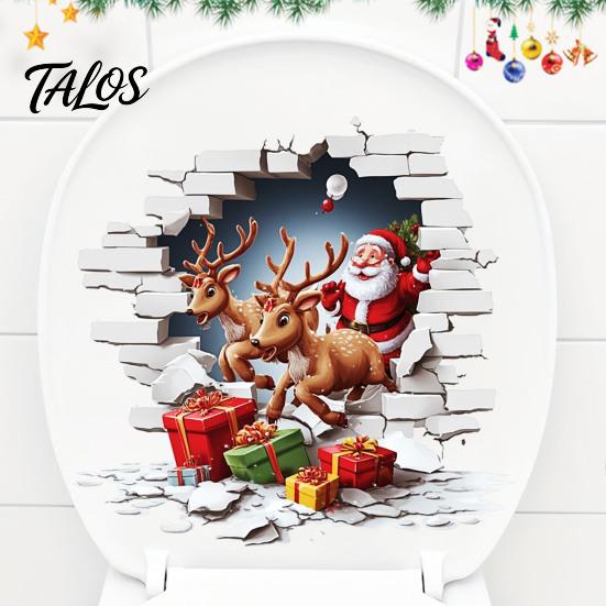Holiday Home Decor Santa Claus Toilet Sticker, Elk And Gift Box Print, 3D Winter Wonderland Bathroom Art Christmas Wall Decal, Removable Waterproof