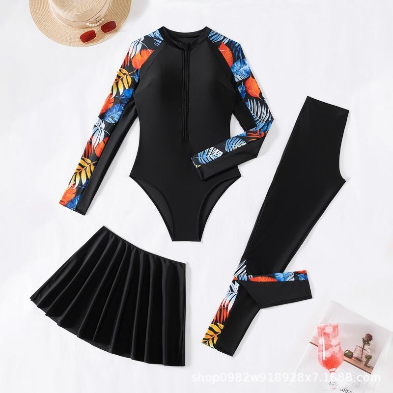 Women Long Sleeve Sun Protection Printed Tie Dye Zipper Front Sexy Three Piece Swimwear