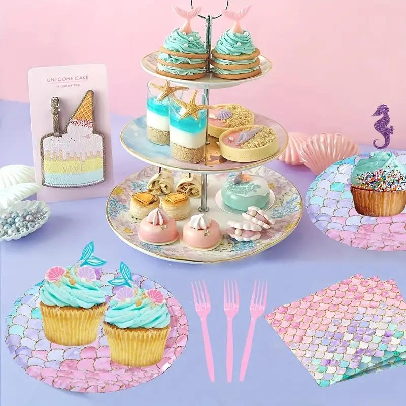 Mermaid Party Supplies Set with Plates Napkins Tablecloth Banner and Cupcake Toppers Perfect for Birthday Party Decorations