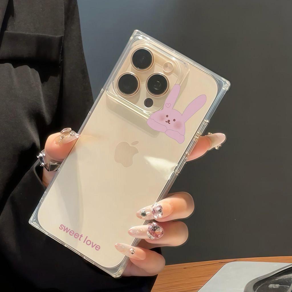 Clear Square Back Tube Case Protection For iPhone 12 13 15 Plus 14 Pro Max 16 ProMax 11 Anti-Oxygen,Big Rabbit Head Pattern Casing