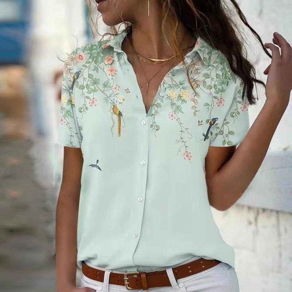 Women's Fashionable Printed Top, Casual Short Sleeved Loose Button Shirt