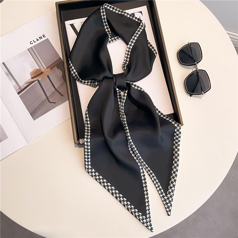 Long small silk scarf women's spring, autumn and summer black neck protection scarf with shirt streamer ribbon belt thin scarf