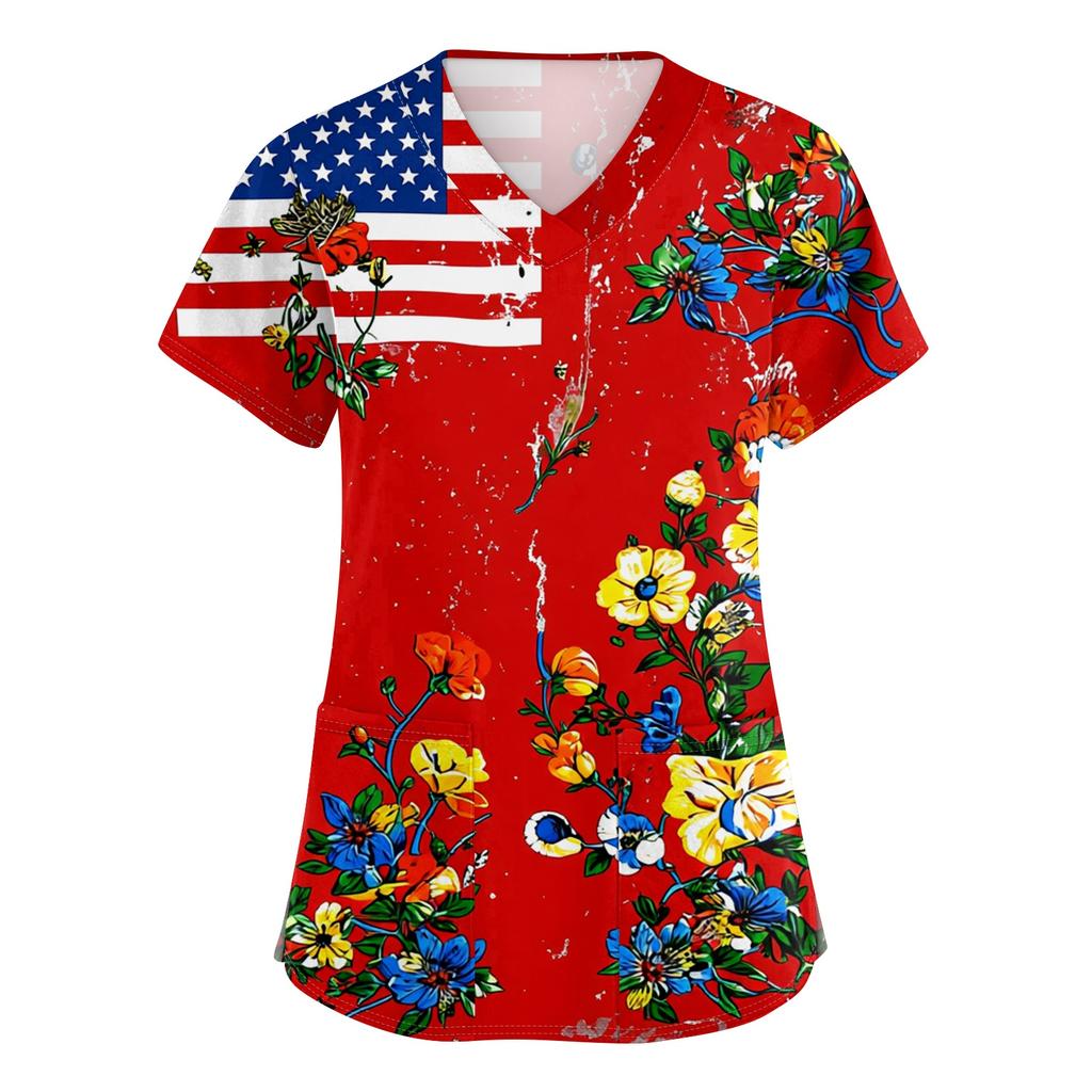 Women's Short-Sleeve Independence Day Print V-Neck Pocket Workwear Top