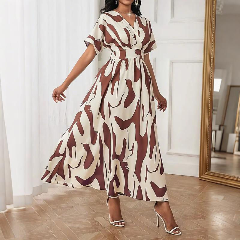 Women Summer Short Sleeve Color Matching Holiday Beach One Piece Dress