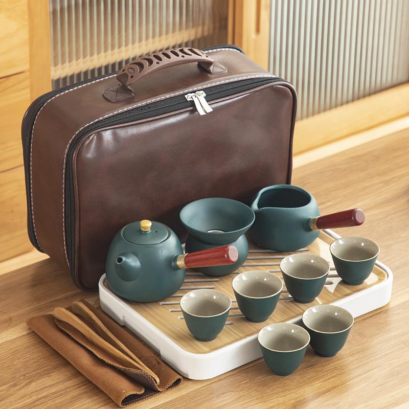 Black pottery Kung Fu tea set, cheap ceramic side handle pot with tea tray, portable complete set of business gifts