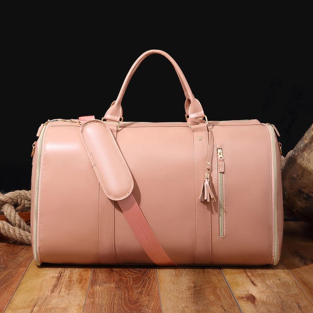 Pink PU Leather Storage Bag, Foldable Storage Clothing Luggage Bag, Women's Shoulder Bag, Diagonal Cross Bag