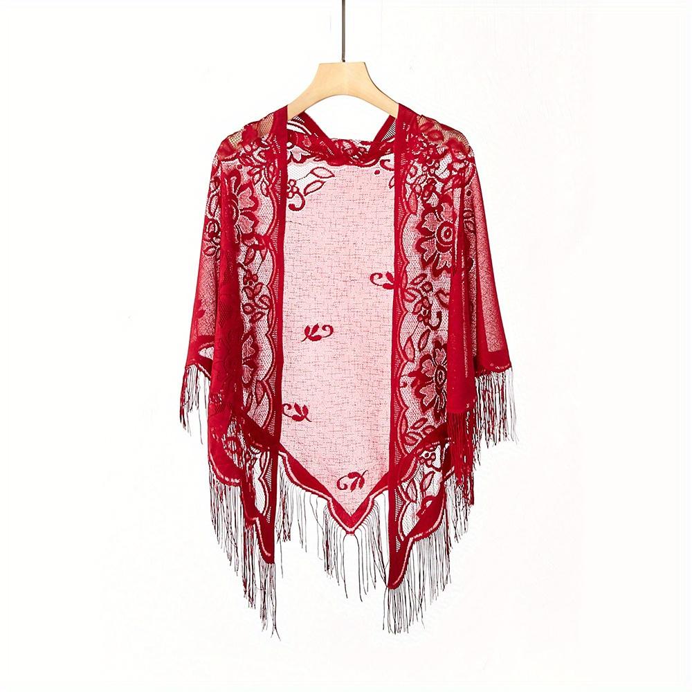 Solid Color Lace Shawl Hollow Out Long Tassel Triangle Scarf Bridesmaid Wedding Party Wrap Long Beach Towel For Women