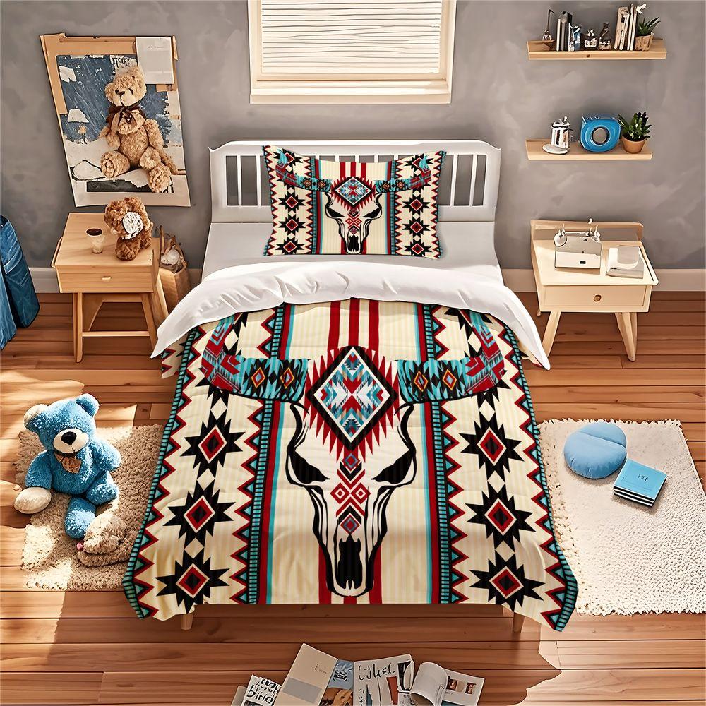 2/3Pcs Boho Bull Skull Print Duvet Cover Set (1 Duvet Cover & 1/2 Pillowcase) Tribal Western Bedding Set Bedroom Decor