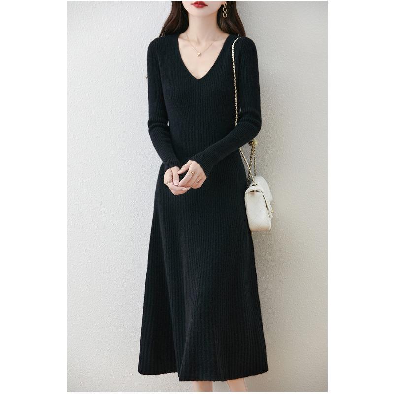 Autumn and Winter New V-neck Thin Medium and Long Knitted Dress Women's Solid Color Temperament Simple Inside with a Bottom Sweater Skirt