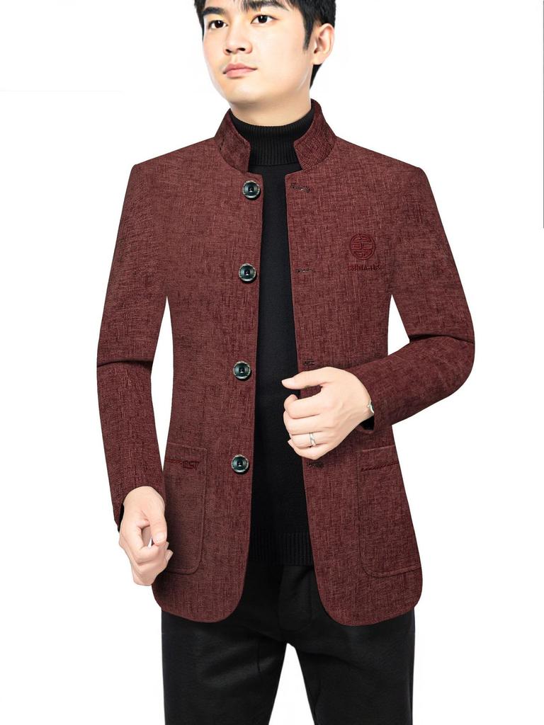Men's Ethnic Style Woolen Stand-Up Collar Jacket - Business Casual, Warm Winter Wear for Middle-Aged Dads