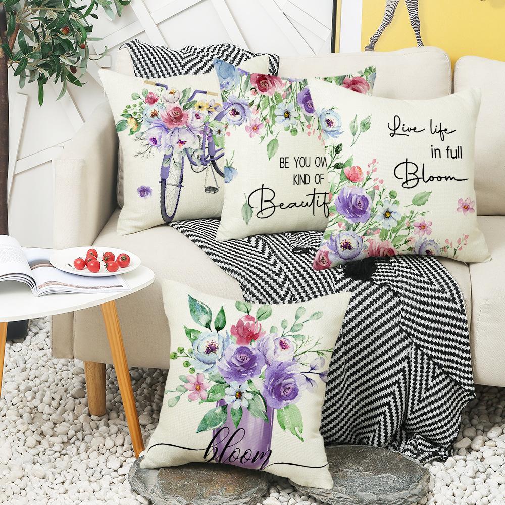 New Lavender Pillow Purple Spring and Summer Print Car Pillow Bedside Cushion Linen Pillow
