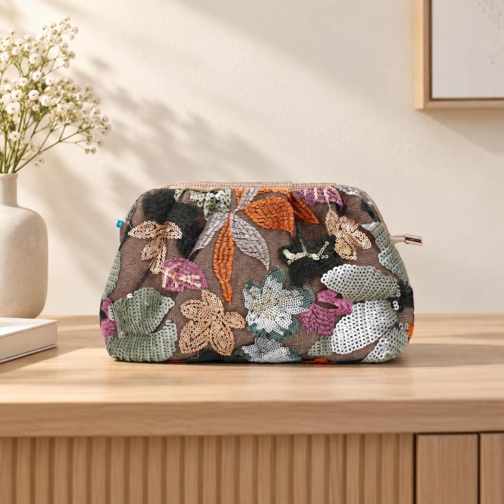 Slim Profile Sequined Woven Pouch Bag Lightweight Embroidered Floral Handbag