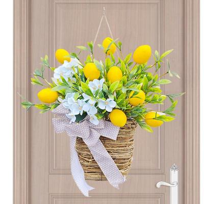 Basket Wreath Spring Porch Wreath for Outdoor Decorative Wreath Ornament Lemon Flower Basket Wreath Artificial for Home Wedding