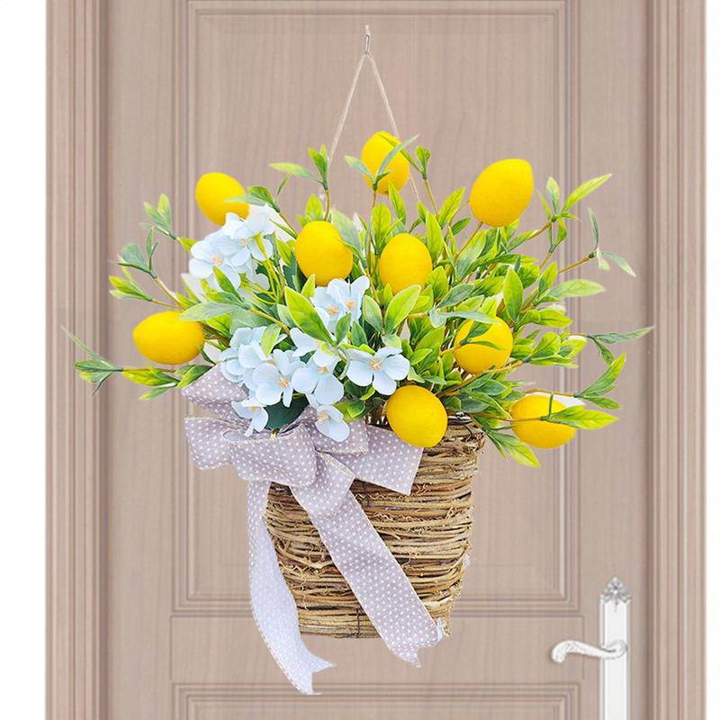 Basket Wreath Spring Porch Wreath for Outdoor Decorative Wreath Ornament Lemon Flower Basket Wreath Artificial for Home Wedding