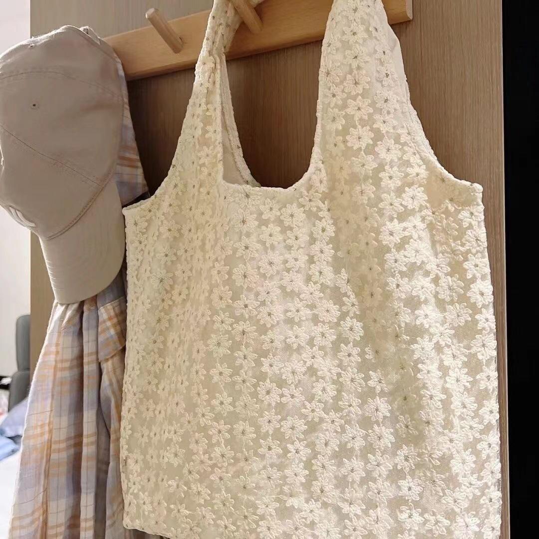 Mesh Flower Shoulder Bag Large Capacity Underarm Bag Summer Fairy Bag Student Canvas Bag белый