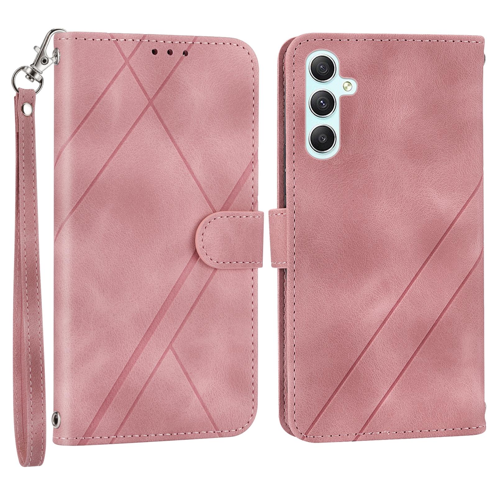 

For Samsung Galaxy A56 5G Case Imprinted Line Leather Phone Cover with Handy Strap Pink