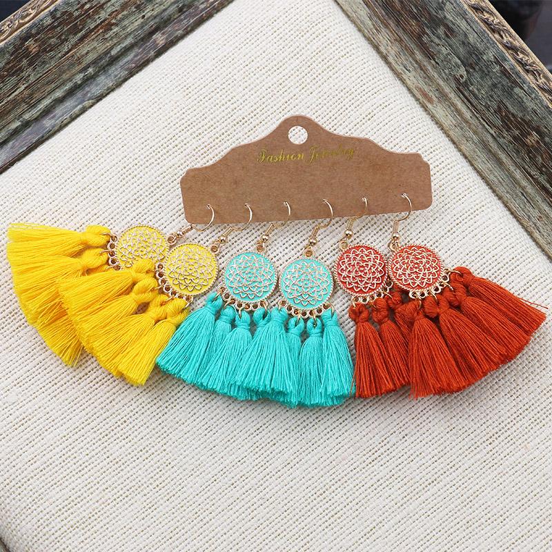 Bohemian Round Colored Glaze Alloy Earring Set Retro Ethnic Style Long Tassel Earrings Women's Girls' Personalized Zircon