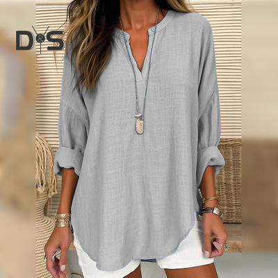 Women Top V Neck Long Sleeves Irregular Hem Loose Solid Color Vintage Thin Soft Breathable Casual Mid Length Lady Spring Fall Blouse Shirt