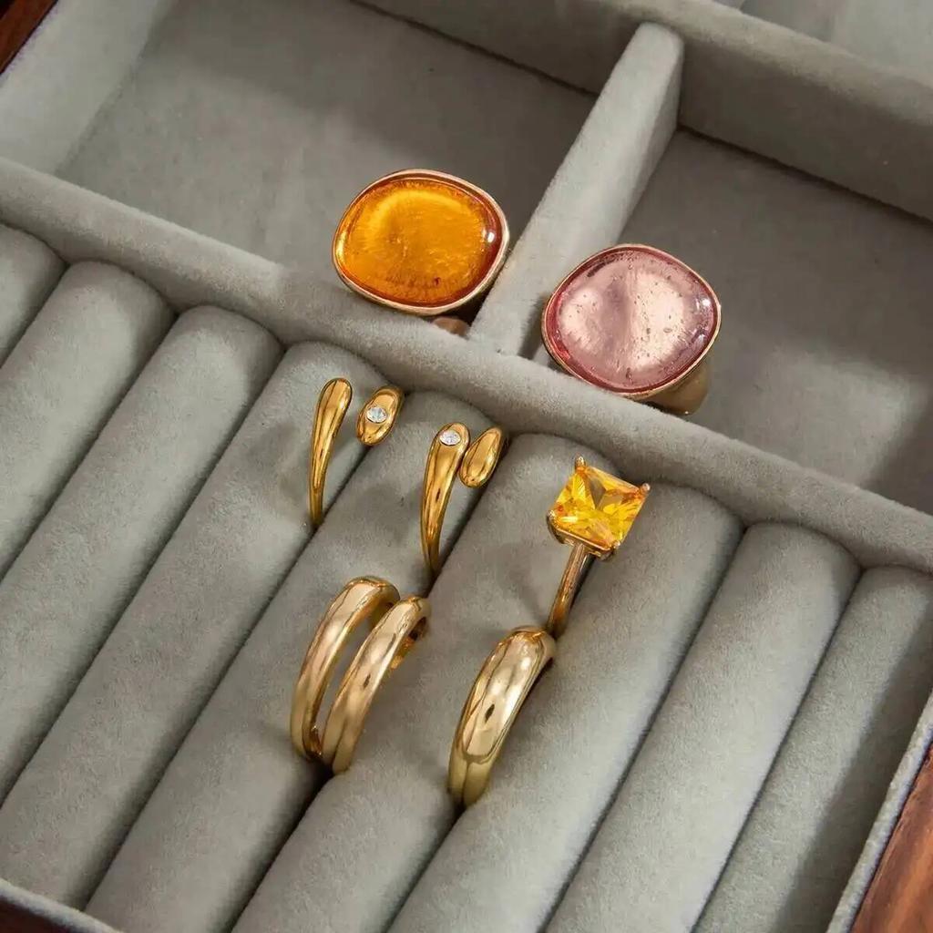 Salircon 7Pcs/Set Y2K Bohemia Inlaid Acrylic Resin Open Rings Women Fashion Gold Color Stackable Ring Party Jewelry 2026 New