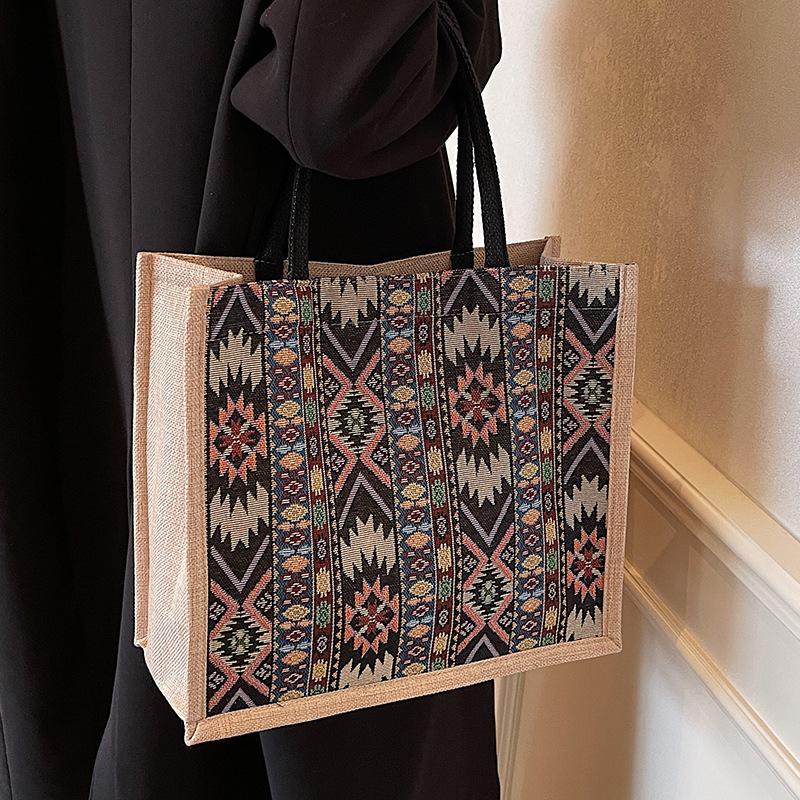 Large Capacity Linen Tote Bag New Hand woven Mommy Bag Women's Fashionable Commuter One shoulder Handbag