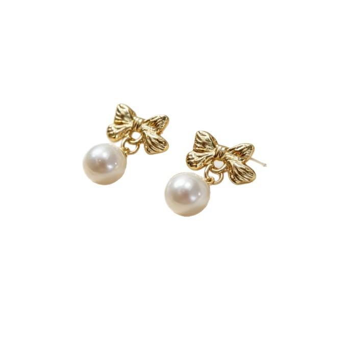 Niche Exquisite Bow Pearl Pendant Stud Earrings Femininity Versatile Niche Design Sense Commuter Earrings Earrings