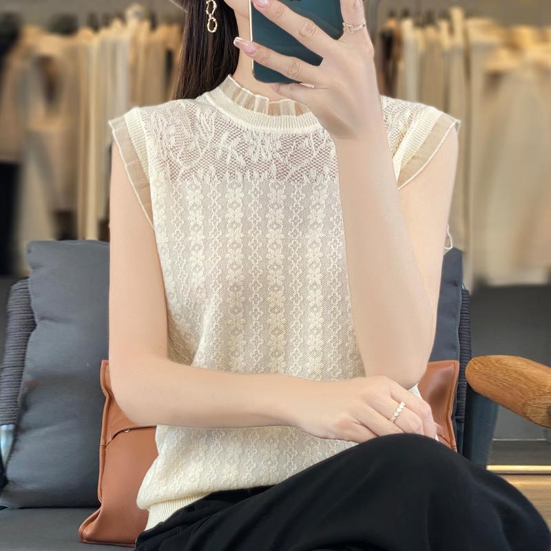 Women T-shirt Vest Wool Tank Summer Knitted T-shirt Sleeveless Basic Tees Knit Top O-neck Female