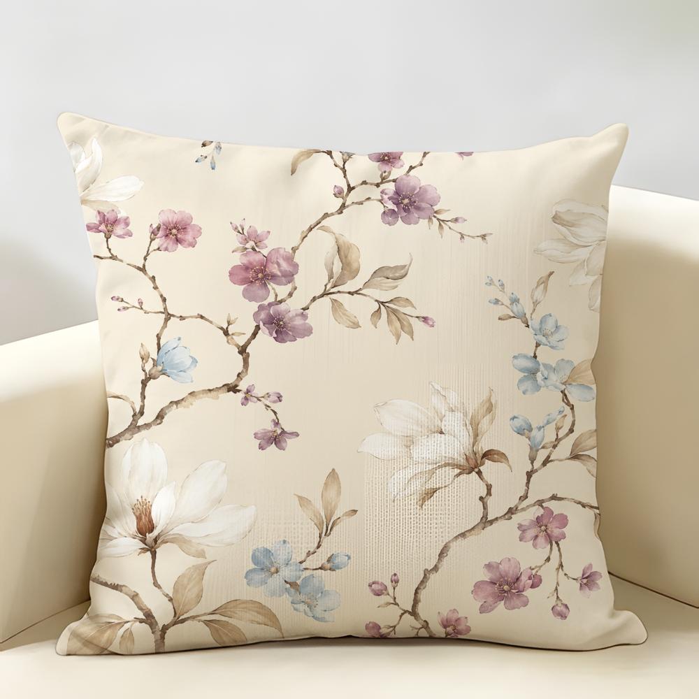 Soft Watercolor Flower Branches Cushion Cover Durable Hypoallergenic Organic Linen Short Pillow Cover Washable