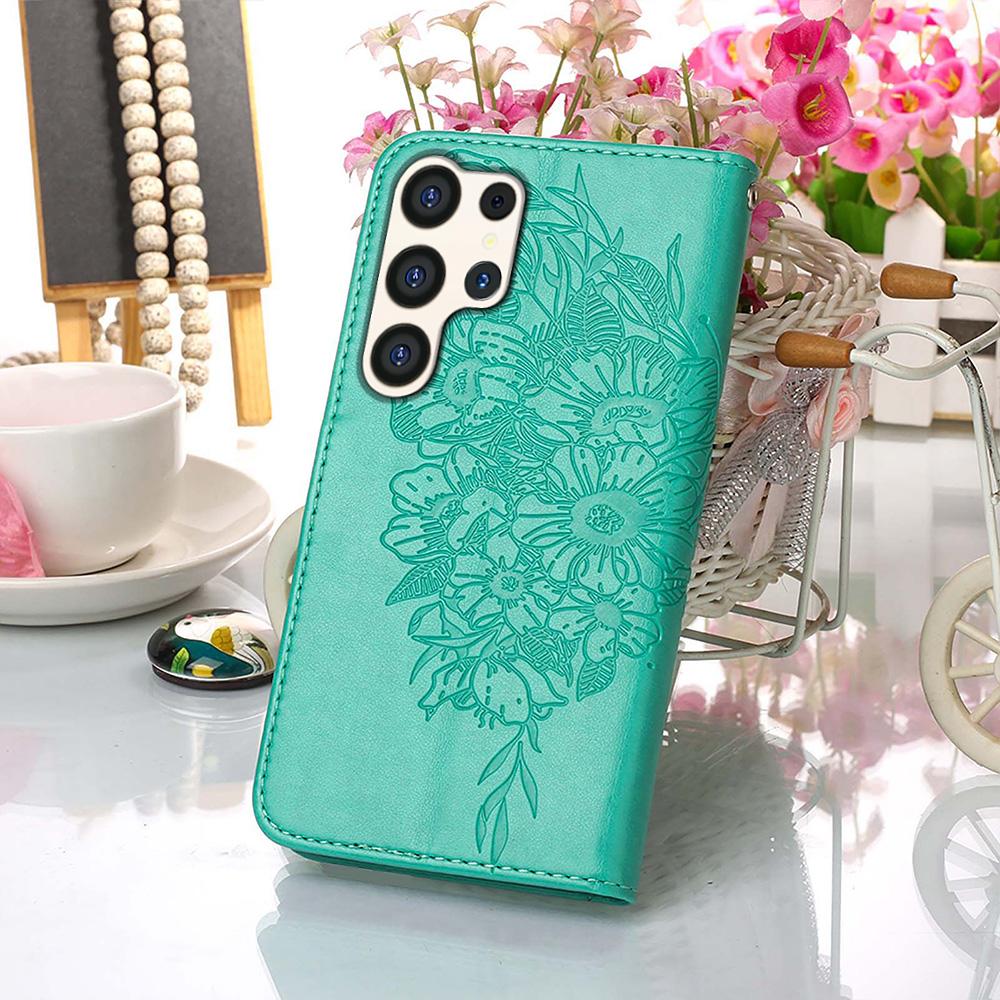 For Samsung Galaxy S24 Ultra Wallet Case with Wrist Strap Butterfly Imprint Leather Phone Cover