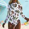 Women Plus Size White High Neck Front Zip Long Sleeve One Piece Printed Swimsuit