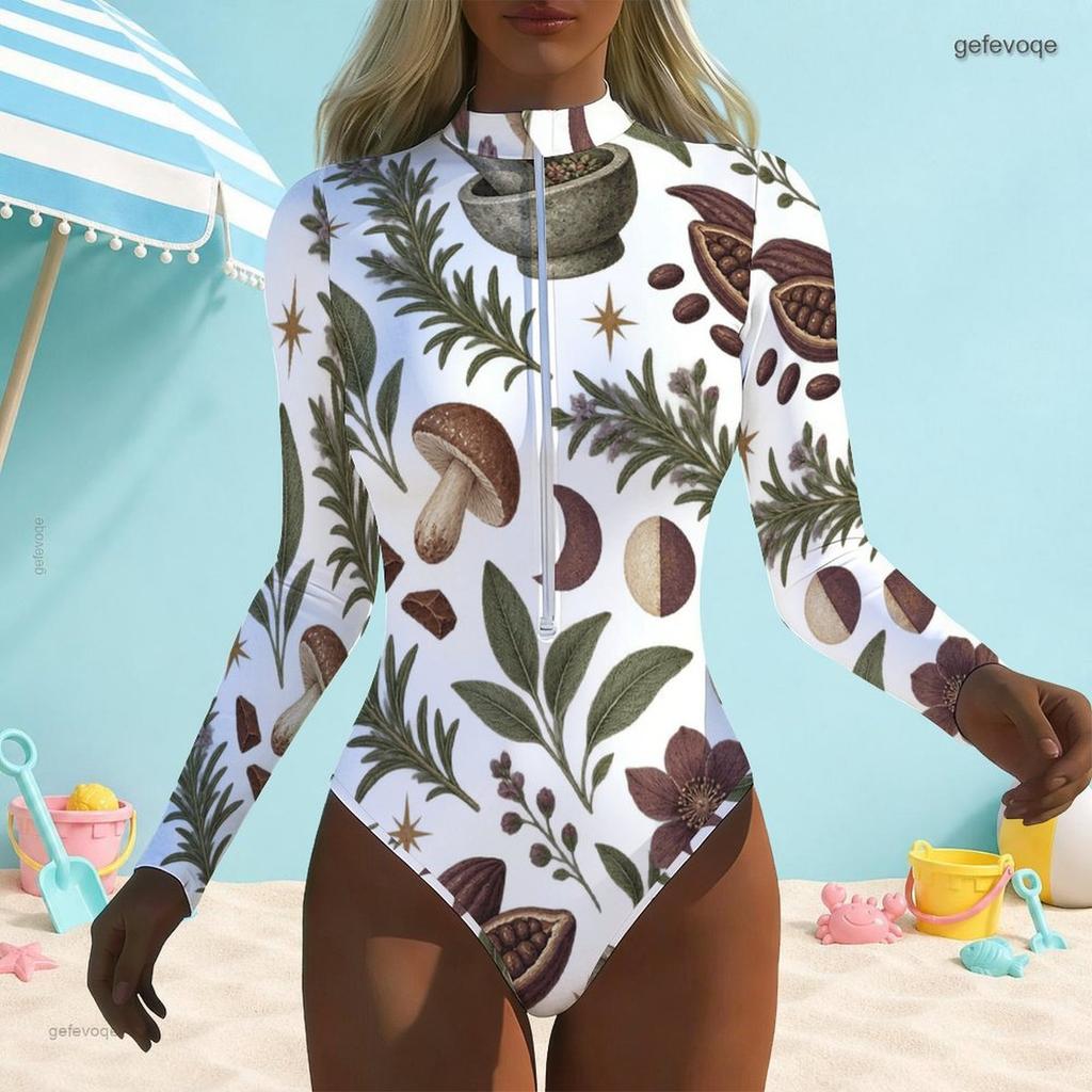 Women Plus Size White High Neck Front Zip Long Sleeve One Piece Printed Swimsuit