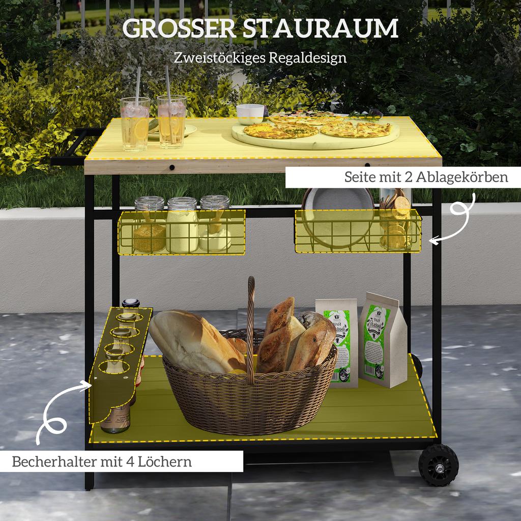 Serving Cart, Kitchen Cart, 2 Tiers, 4 Bottle Holders, In/Outdoor, Natural/Black
